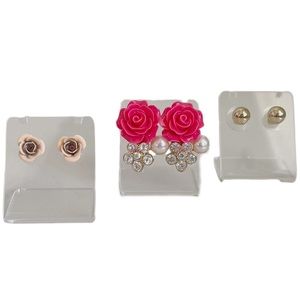 Pink and Gold Rose Stud Earrings Set - Flower Earrings Set - Bundle of 3 Pairs